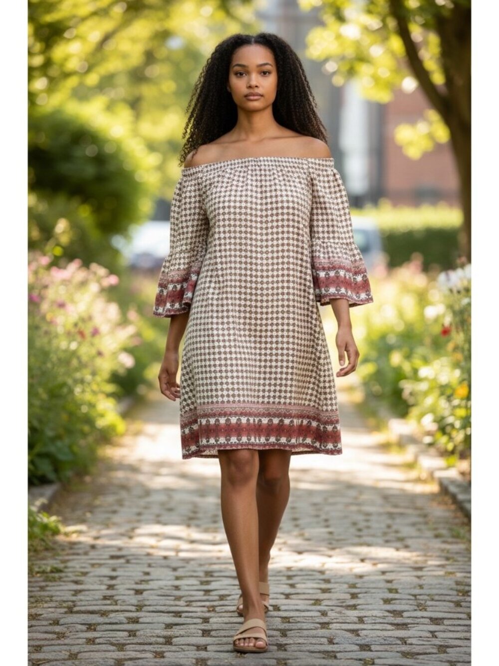 CAROLINA BELLE Red + Off-White Houndstooth Off Shoulder Sheath Dress NWT Size 8